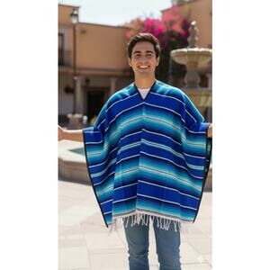 Mexican Adult zarape 28.5 x 42 inches front total 84 in plus fringe Blue